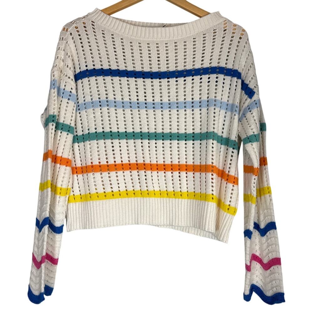 NEW Striped Open Knit Sweater XS Stripes Multicolor Colorful Rainbow Lightweight
